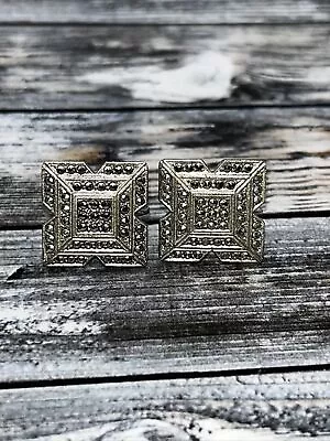 Vtg Sterling Silver Art Deco Marcasite Square Screw Back Earrings Estate • $19.99