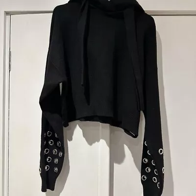 Zara Black Metal Rings Sleeves Cropped Hoodie Size Small • £10