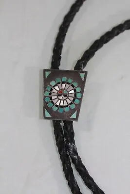 Vintage Native American Zuni Sterling  Silver Inlay Bolo Tie Turquoise Sun Face • $119.99