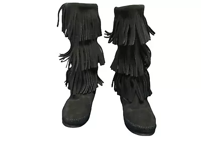 Minnetonka Moccasin Boots Black Suede 3 Layer Fringe Size 7 • $29.99