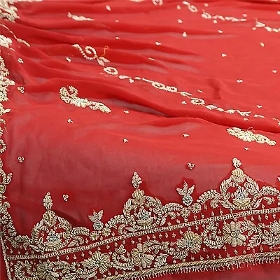 Sanskriti Vintage Long Dupatta Stole Georgette Red Hand Beaded Zardozi Scarves • $64.99