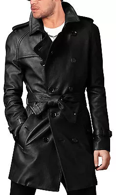 Men's Leather Trench Coat Belted Long Leather Coat Jacket • $179.99
