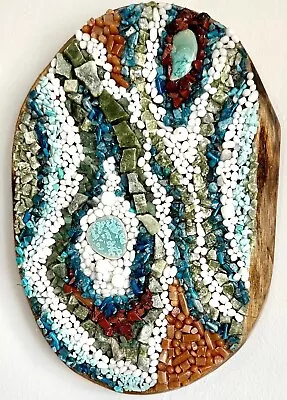 Handmade Mixed Media Mosaic Wall Art Natural Stone Glass Blue Rust White • $165