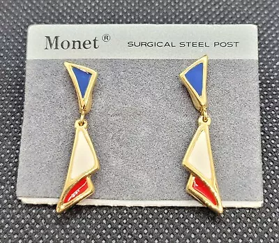 Vintage Monet Enamel Pierced Earrings Red White Blue Gold Tone Patriotic Jewelry • $20