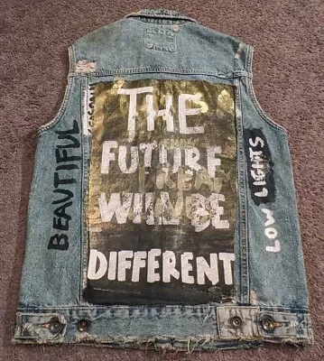 Men's Zara Custom Distressed The Future Will Be Different Blue Denim Vest Medium • $24.99