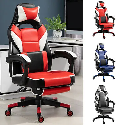 Cool & Stylish Gaming Chair Ergonomic W/ Padding Footrest Neck Back Pillow • £95.99