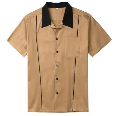 50's Retro Vintage Brown Bowling Shirt Rockabilly Clothing For Men • £19.07