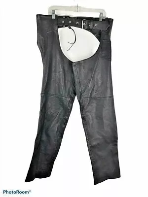 Force Mens Motorcycle Chaps Black Pockets Side Zipper Eyelet Belted Leather M • $66.65