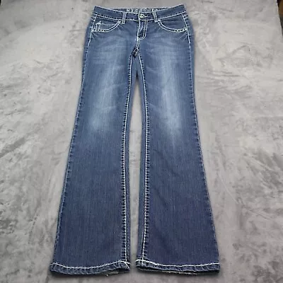 Miss Chic Pants Womens 9 Blue Mid Rise Rhinestone Pocket Button Zip Denim Jeans • $23.38