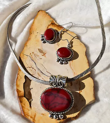 Red Jasper Gemstone Silver Necklace & Earring Set Large Stones On Silver Collar • $86.57