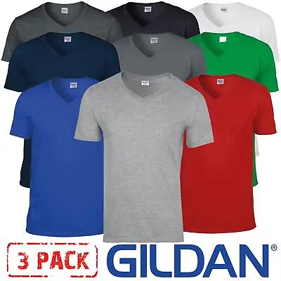 3 Pack Gildan V-Neck T-Shirt Short Sleeve Mens Plain Cotton Softstyle Tee Top • £13.50