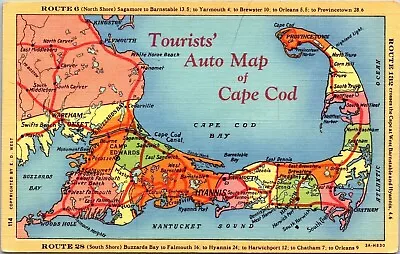 Tourists Auto Map Cape Cod Massachusetts MA Linen Postcard VTG UNP Curteich • $3