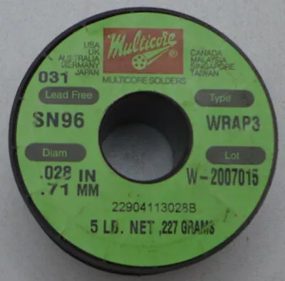 Multicore Solder SN96 WRAP3 .028 /.71mm Diameter 0.5 Lb/ 227 Grams • $34.95