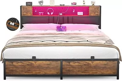 Queen Size Bed Frame LED Light & Power Outlets Upholstered Headboard And Storage • $169.99