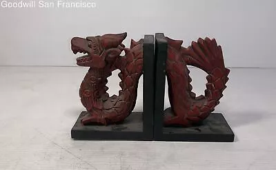 Vintage Carved Wooden Chinese Dragon Bookends Home Office Decorative Brown • $29.99