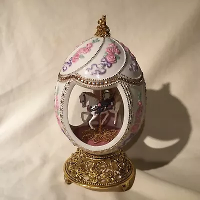  Franklin Mint ‘96 Faberge Musical Carousel Horse Egg White Gold Jewel Figurine • $145