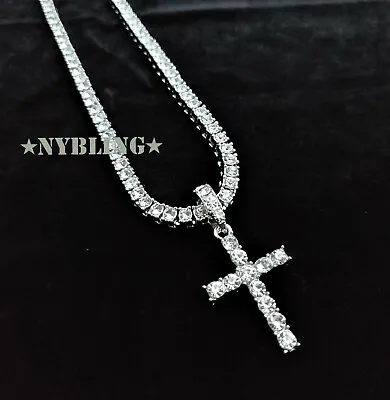 $15.29 • Buy 14k Gold Silver Plated Tennis Chain Choker ICED CZ Necklace With Cross Pendant