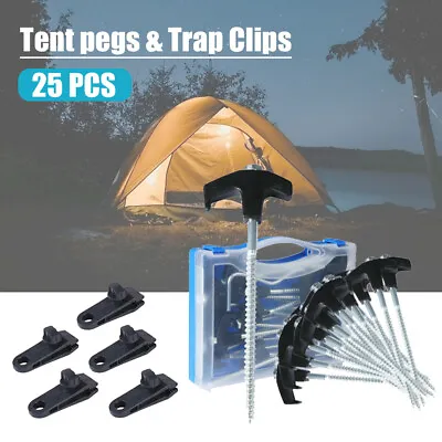$31.99 • Buy Camping Tent Pegs Screw Steel In Ground Camping Stakes&Tarp Clips Canvas Clamps
