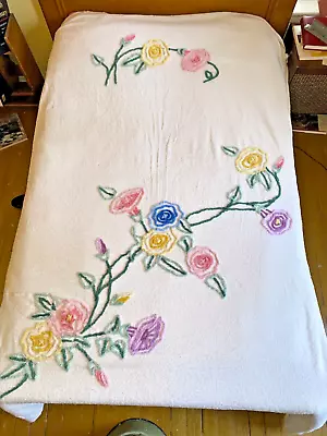 Vintage 1950s Chenille Bedspread Floral Flowers Craft Tear Repair 102 X 95  READ • $100