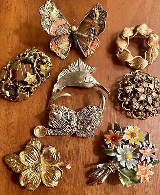 Lot/8 Vintage Pins Brooch Animals Rhinestone Cat Butterfly Fish Flower Filigree • $19