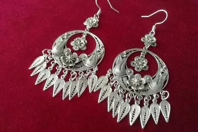 Chinese Pure Handmade Filigree Miao Silver Flower Bird Tassel Earring 1pair • $35