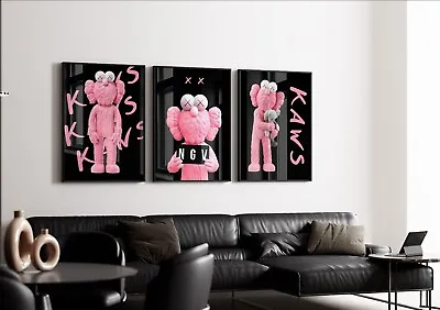 Set Of 3 Pink Kaws Art Pieces Canvas Wall Art Home Decor • $44.99