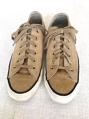 Converse Womens Low Top Tan Neutral Suede Calf Hair Toe Tongue Gold Grommet Sz 9 • £33.71