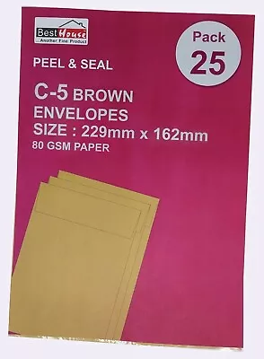 C-5 229 X 162 Mm 80 GSM Paper Peel And Seal Brown Envelopes - 25 PACK • £4.99