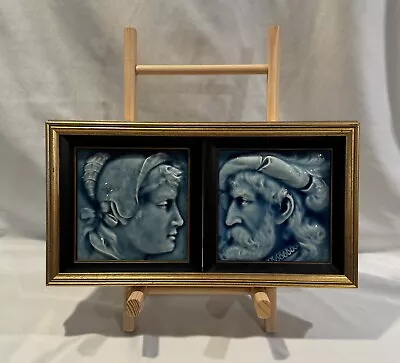 Pr Framed C 1900 American Encaustic Man Woman Portrait Tiles AETCO Blue Glaze • $475