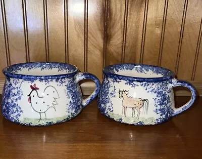 Chili Bowls Molly Dallas Blue Spatterware Soup Bowls Set Of 2 Chicken And Horse • $18.50