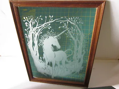 Vintage Unicorn Frosted Glass Mirror Wall Art Wood Framed 12.5  X 16.5  Fantasy • $25