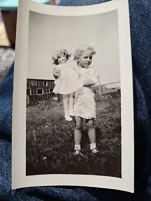 1930s Girl With Doll VINTAGE PHOTO Found Snapshot Field Building  • $19.95