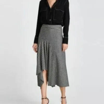 $40 • Buy Zara Woman Gingham Plaid Midi Skirt Black White Asymmetric Raw Hem Wool Blend L