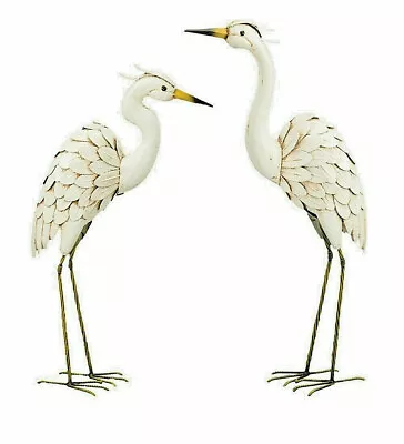 Snowy Egret Pair Metal Garden Decor Statues Bird Yard Sculpture Ibis Heron Crane • $145