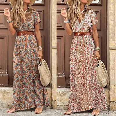 Women Summer Boho Ruffle Maxi Beach Dress Ladies Party Floral Long Sundress • $18.79