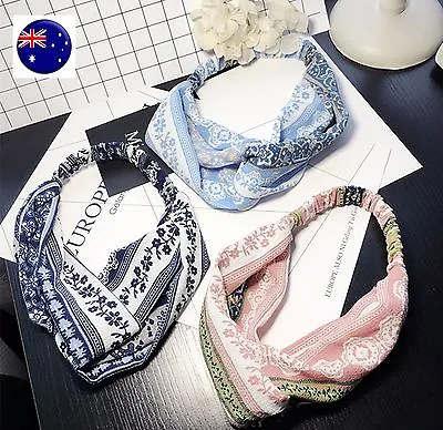 Women Retro Vintage Look Boho Bohemian Floral Cross Scarf Hair Head Band Bandana • $8.50