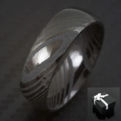 8mm Men's Smoky Black Damascus Steel Domed Wedding Band Ring Size 9-13 • $29.99