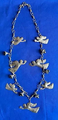  Mexican Tin Art Angels Holding Stars Charms & Bells Necklace Silver 13  Long • $24.99