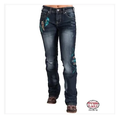 RARE! COWGIRL TUFF WARRIOR Size 35 X 33 Womens Blue Jeans ARROWS CROSS Western • $63.99