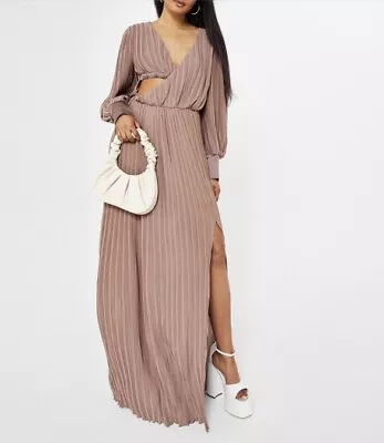 Missguided Plisse Cut Out Maxi Dress Taupe UK 10 • £9.99