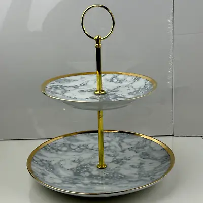 Holiday Home Two Tier Serving Tray Gray Marbled With Gold Trim Top Handle • $17