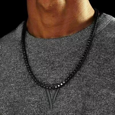 3mm Round Cut Lab Created Black Diamond Onyx Men's Tennis Necklace In 925 Silver • $207.49