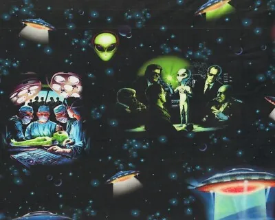 Area 51 Outer Space Alien UFO Fabric By Robert Kaufman On Black BTY X 42  • $22