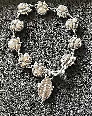 Vintage Mary Rosary Catholic Rose Sterling Silver Link Bracelet 6.75 Inches • $145