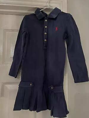 £8 • Buy Girls Navy Blue Long Sleeve Frill Polo Dress Age 3T Ralph Lauren