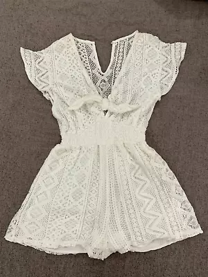 WHITE Crochet LACE ROMPER 8 Boho Festival JUMPSUIT Shorts TIE-BUST Shirred Waist • $27.95