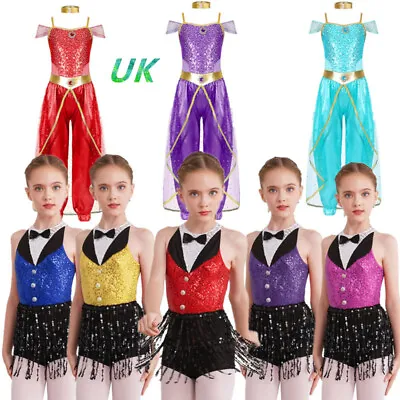 Kids Arabian Princess Costume Set Girls Shiny Sequins Jazz Latin Dance Jumpsuit • £16.54