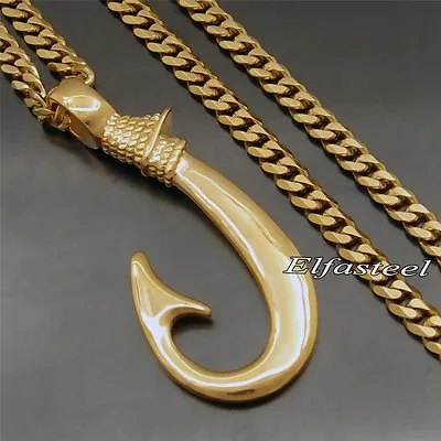 Men's Gold Fishing Fishhook 316L Stainless Steel Pendant Necklace • $8.99