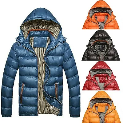 Mens Jackets Zip Up Quilted Lined Bubble Hooded Coat Padded Puffer Winter Warm • $24.15