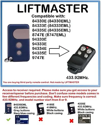 LIFTMASTER 94330E 94333E 94334E 94335E Compatible Remote Control 433.92MHz. • £9.99